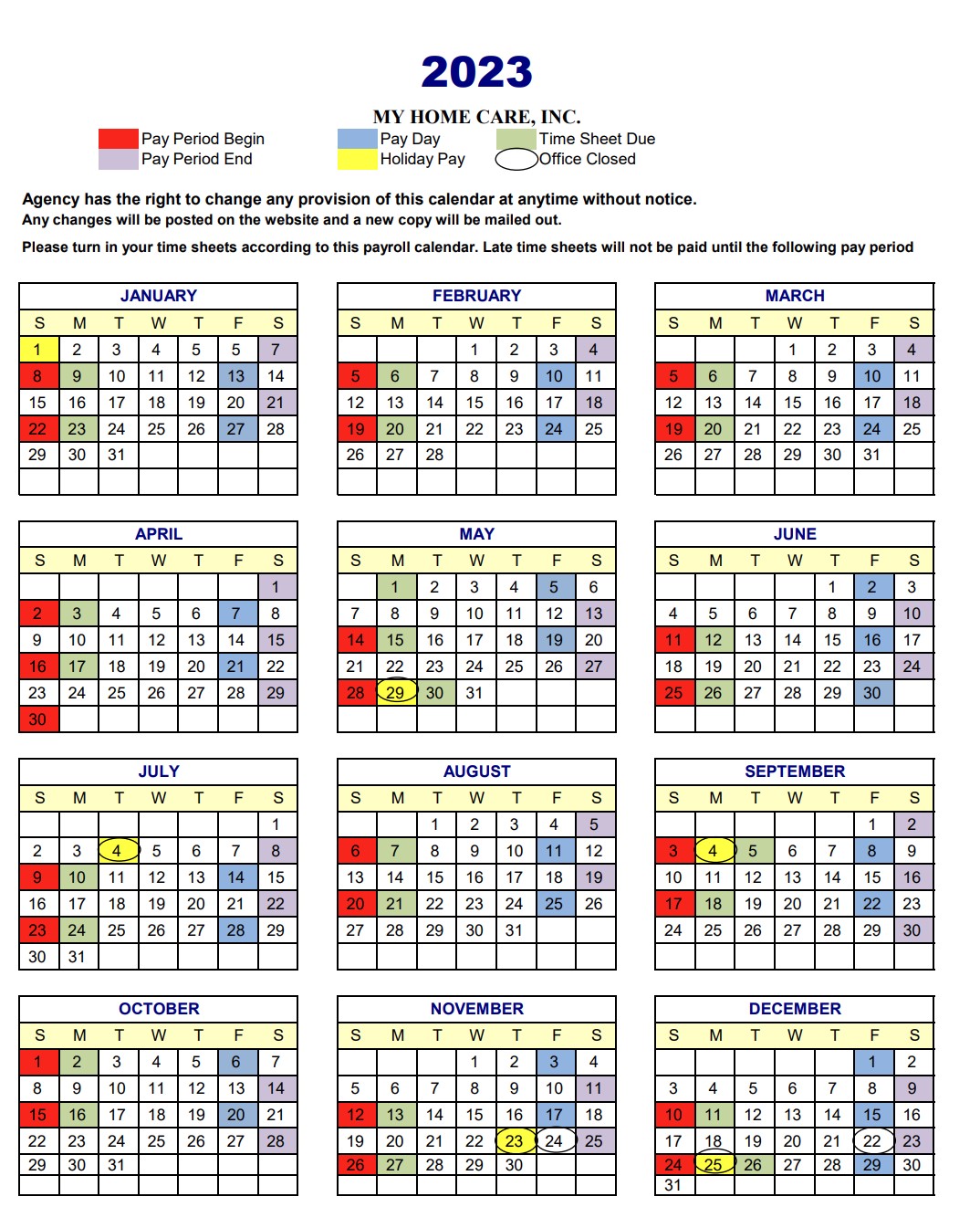 2023 Payroll Calendar My Home Care, Inc.